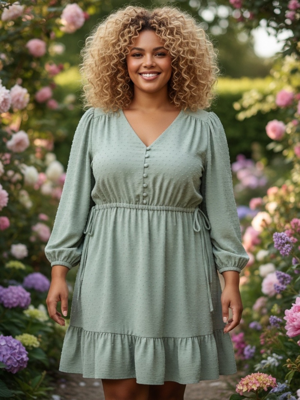 Addition Elle Sage Swiss Dot Long Sleeve Ruffle Dress, 3X